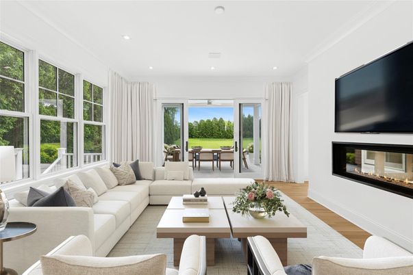 Fireplace, Interior, Living room, Recessed Lighting, Wood Texture Flooring