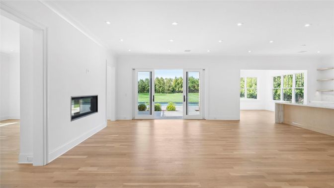 Empty room, Fireplace, Interior, Recessed Lighting, Wood Texture Flooring