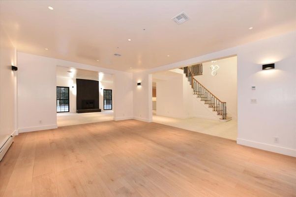 Empty room, Fireplace, Interior, Recessed Lighting, Wood Texture Flooring