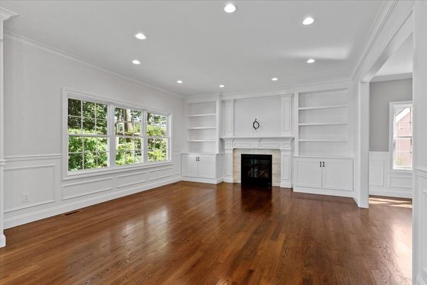 Empty room, Fireplace, Interior, Recessed Lighting, Wood Texture Flooring