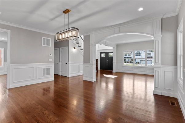 Empty room, Interior, Pendant Lights, Recessed Lighting, Wood Texture Flooring