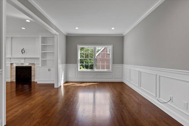 Empty room, Fireplace, Interior, Recessed Lighting, Wood Texture Flooring