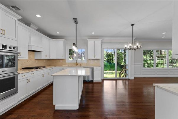 Chandelier, Interior, Kitchen, Pendant Lights, Recessed Lighting, Stainless Steel Appliances, Wood Texture Flooring