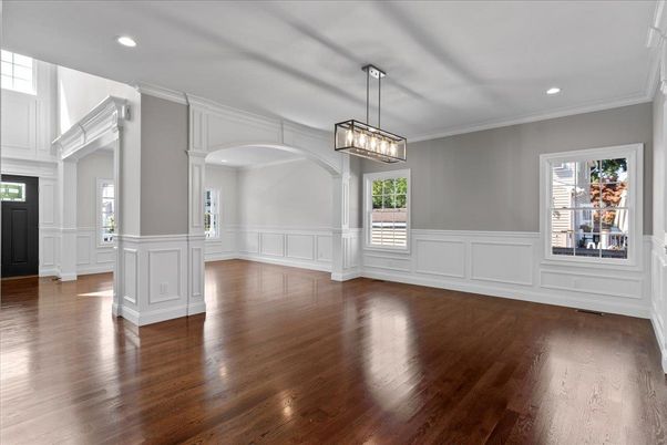 Empty room, Interior, Pendant Lights, Recessed Lighting, Wood Texture Flooring