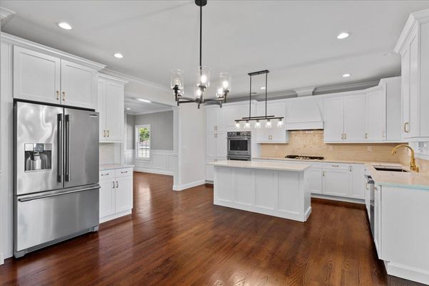 Chandelier, Interior, Kitchen, Pendant Lights, Recessed Lighting, Stainless Steel Appliances, Wood Texture Flooring