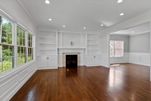 Empty room, Fireplace, Interior, Recessed Lighting, Wood Texture Flooring