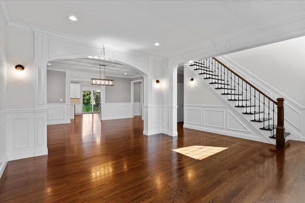Empty room, Interior, Pendant Lights, Recessed Lighting, Wood Texture Flooring
