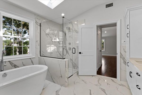 Bathroom, Free Standing Baths, Glass Shower, Interior, Marble, Marble Walls, Recessed Lighting