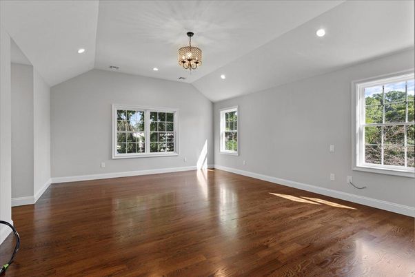 Chandelier, Empty room, Interior, Recessed Lighting, Wood Texture Flooring