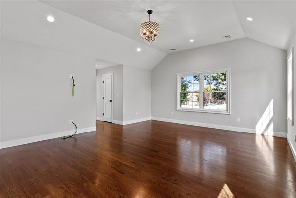 Chandelier, Empty room, Interior, Recessed Lighting, Wood Texture Flooring