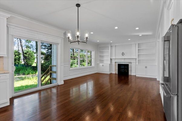 Empty room, Fireplace, Interior, Pendant Lights, Recessed Lighting, Wood Texture Flooring