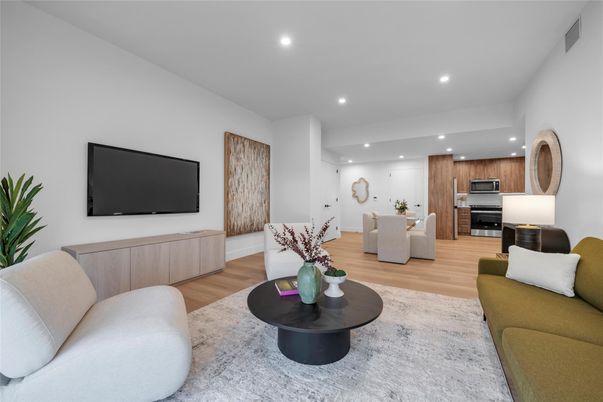 Dining room, Interior, Kitchen, Living room, Recessed Lighting, Stainless Steel Appliances, Wood Texture Flooring