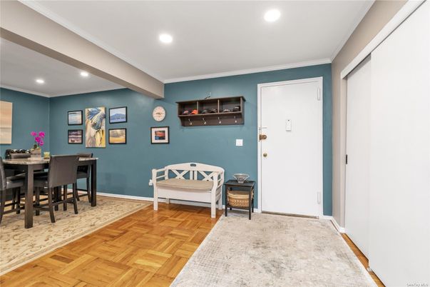 Dining room, Interior, Recessed Lighting, Wood Texture Flooring