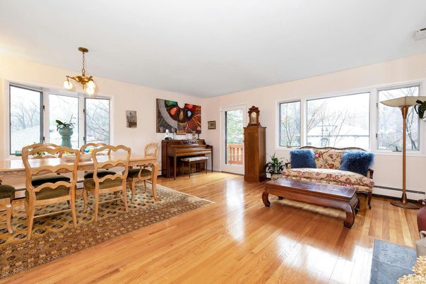 Dining room, Interior, Pendant Lights, Piano, Wood Texture Flooring