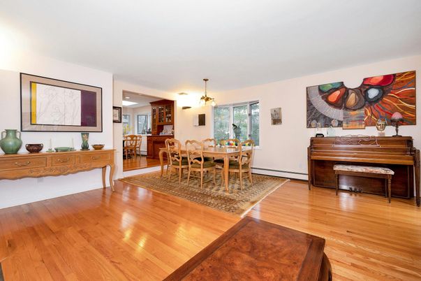 Dining room, Interior, Pendant Lights, Piano, Wood Texture Flooring