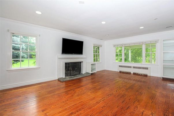 Empty room, Fireplace, Interior, Recessed Lighting, Wood Texture Flooring