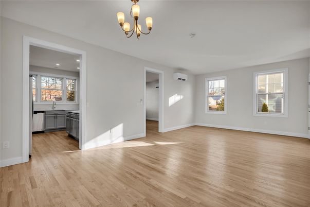 Chandelier, Empty room, Interior, Recessed Lighting, Wood Texture Flooring