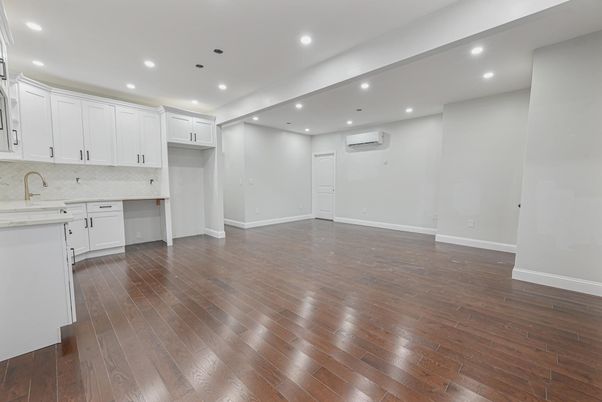 Empty room, Interior, Kitchen, Recessed Lighting, Wood Texture Flooring