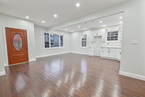 Empty room, Interior, Kitchen, Recessed Lighting, Wood Texture Flooring