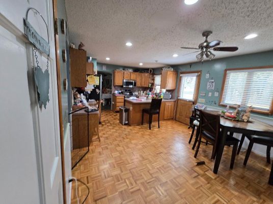Dining room, Interior, Kitchen, Recessed Lighting, Wood Texture Flooring