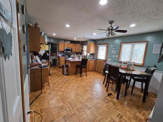 Dining room, Interior, Kitchen, Recessed Lighting, Wood Texture Flooring
