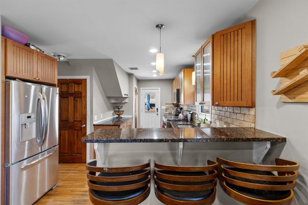Interior, Kitchen, Pendant Lights, Recessed Lighting, Stainless Steel Appliances, Wood Texture Flooring