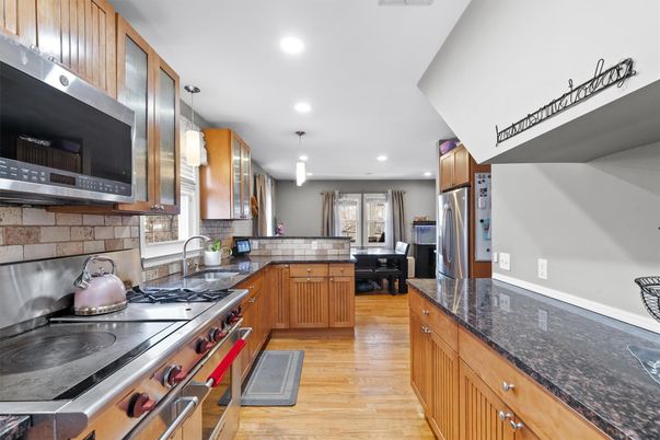 Interior, Kitchen, Pendant Lights, Recessed Lighting, Stainless Steel Appliances, Wood Texture Flooring