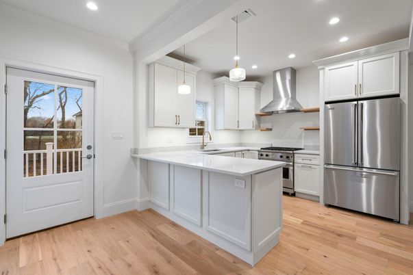 Interior, Kitchen, Pendant Lights, Recessed Lighting, Stainless Steel Appliances, Wood Texture Flooring