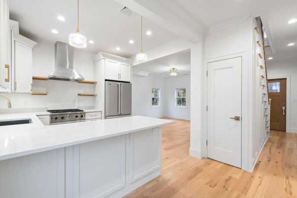 Interior, Kitchen, Pendant Lights, Recessed Lighting, Stainless Steel Appliances, Wood Texture Flooring