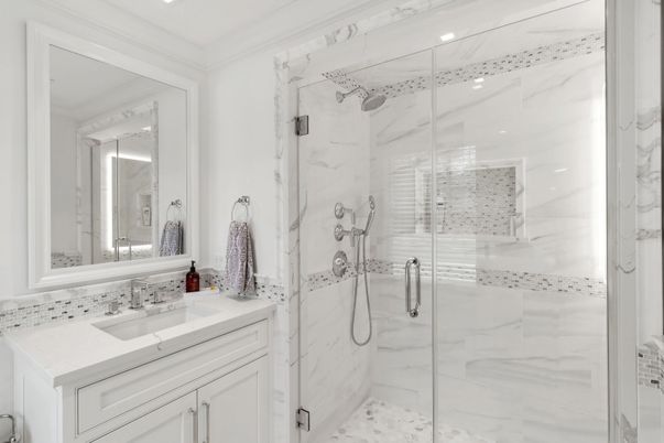 Bathroom, Glass Shower, Interior, Marble Walls, Recessed Lighting