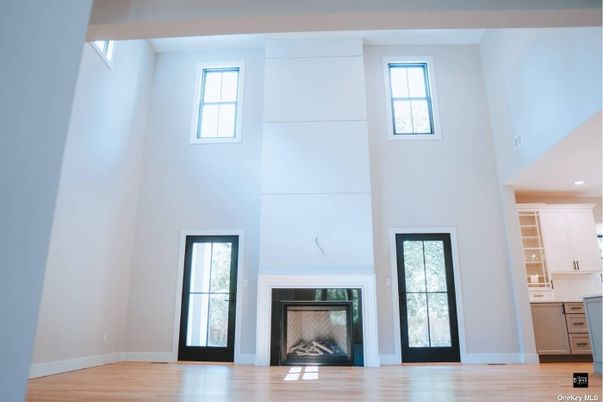 Fireplace, Interior, Recessed Lighting, Wood Texture Flooring