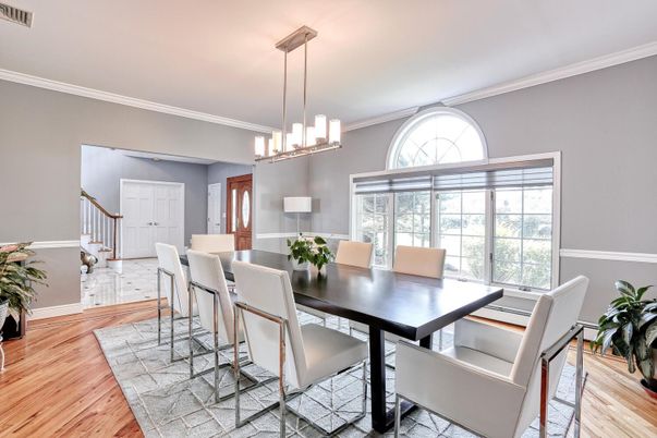 Dining room, Interior, Pendant Lights, Wood Texture Flooring
