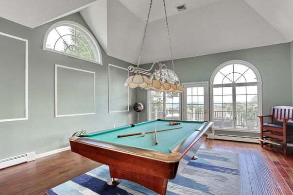 Billiard Table, Game Room, Interior, Pendant Lights, Wood Texture Flooring