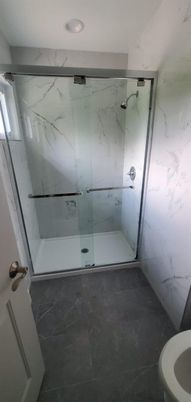 Bathroom, Glass Shower, Interior, Marble Walls, Recessed Lighting