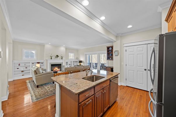 Fireplace, Interior, Kitchen, Living room, Recessed Lighting, Wood Texture Flooring