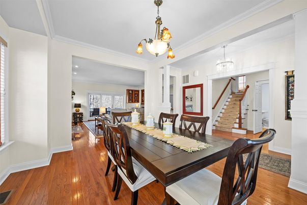 Dining room, Interior, Pendant Lights, Recessed Lighting, Wood Texture Flooring