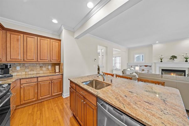 Fireplace, Interior, Kitchen, Living room, Recessed Lighting, Wood Texture Flooring