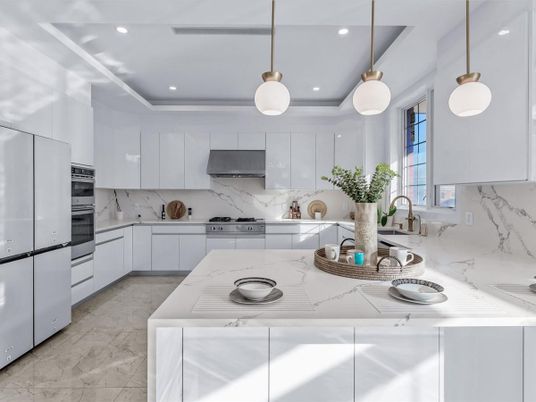 Interior, Kitchen, Marble, Marble Walls, Pendant Lights, Recessed Lighting, Stainless Steel Appliances