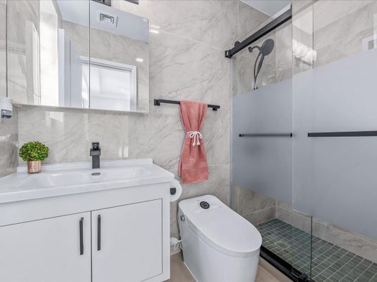Bathroom, Glass Shower, Interior, Marble Walls