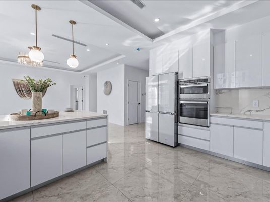 Interior, Kitchen, Marble, Pendant Lights, Recessed Lighting, Stainless Steel Appliances