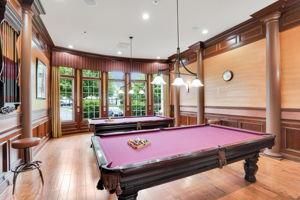 Billiard Table, Chandelier, Game Room, Interior, Pendant Lights, Recessed Lighting, Wood Texture Flooring