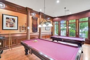Billiard Table, Game Room, Interior, Pendant Lights, Recessed Lighting, Wood Texture Flooring, Wooden Walls