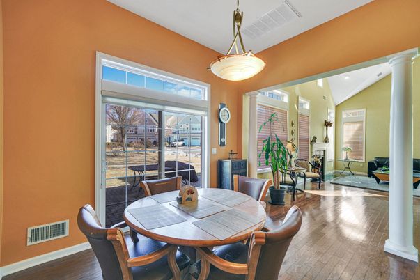 Dining room, Fireplace, Interior, Pendant Lights, Recessed Lighting, Wood Texture Flooring