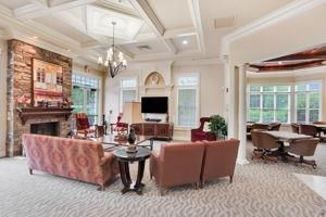 Chandelier, Dining room, Fireplace, Interior, Living room, Recessed Lighting, Stone Walls