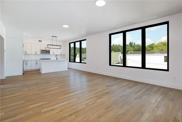 Empty room, Interior, Kitchen, Pendant Lights, Recessed Lighting, Wood Texture Flooring