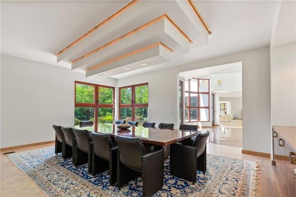 Dining room, Interior, Recessed Lighting, Wood Texture Flooring