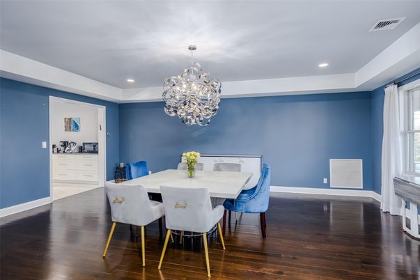 Dining room, Interior, Pendant Lights, Recessed Lighting, Wood Texture Flooring