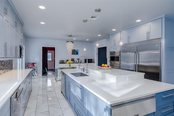 Interior, Kitchen, Marble, Pendant Lights, Recessed Lighting, Stainless Steel Appliances