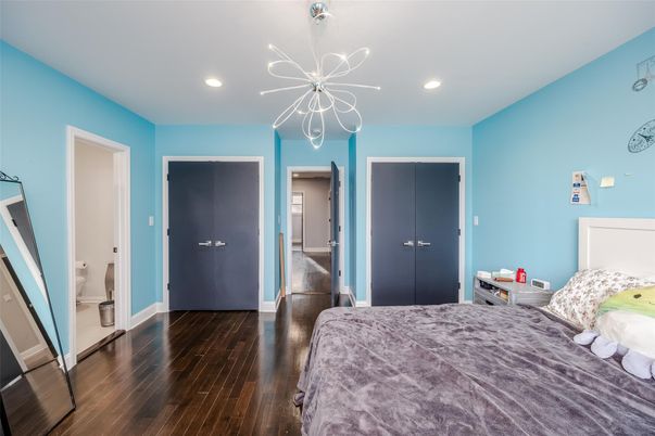 Bedroom, Interior, Pendant Lights, Recessed Lighting, Wood Texture Flooring