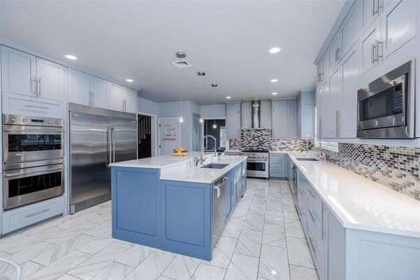 Interior, Kitchen, Marble, Pendant Lights, Recessed Lighting, Stainless Steel Appliances